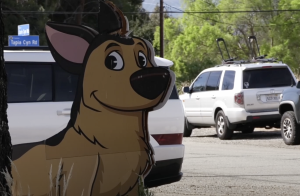 a sign showing an image of a brown cartoon dog with white suv in the background